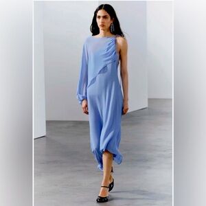 Zara Blue Asymmetrical Silk One Shoulder Cocktail Dress